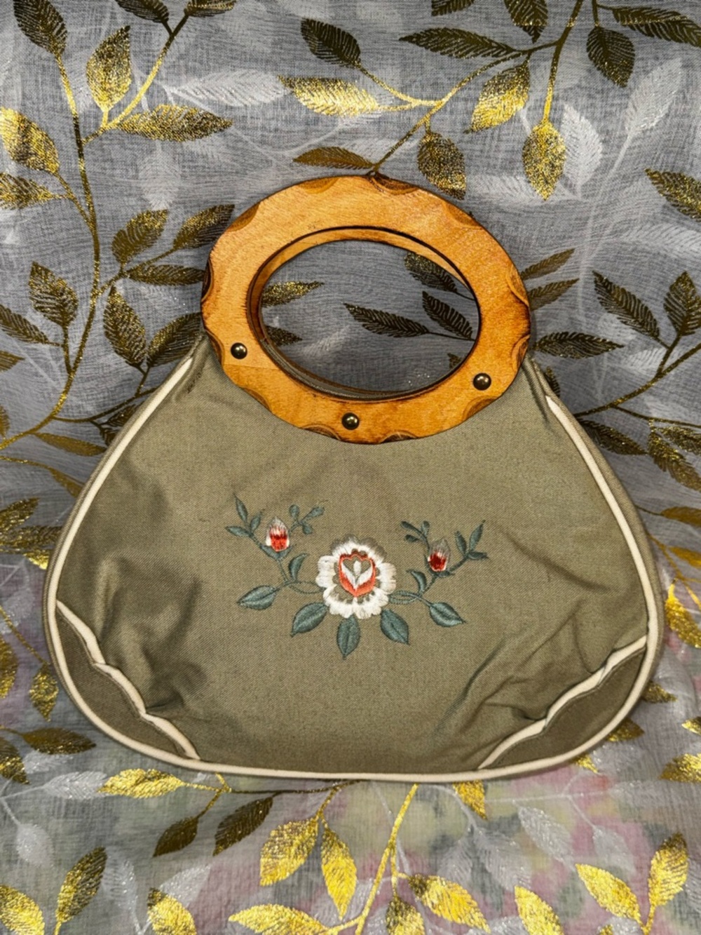 Olive Green Boho Embroidered Tote with Wooden Handles